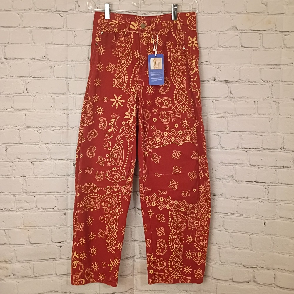 Chouyatou Womens Red Bandana Paisley Print High Waisted Barrel Jeans Pants XS